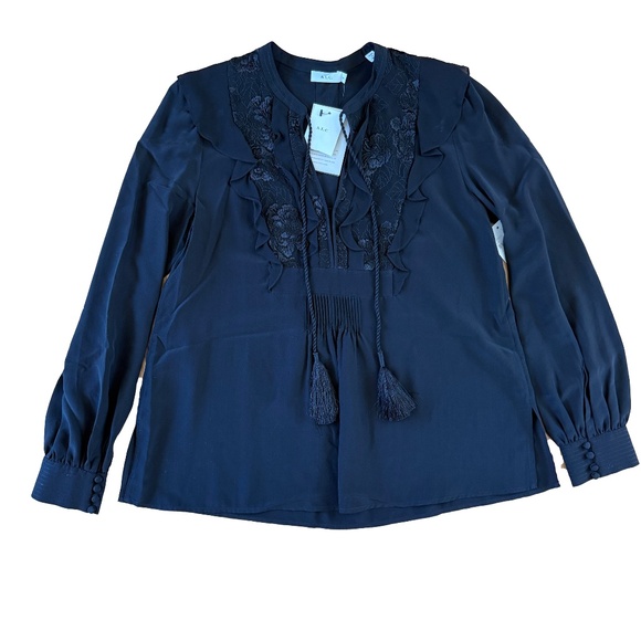 NWT A.L.C. Blyth Silk Embroidered Blouse 4 Black Boho Tassel Top Designer Chic - Picture 8 of 10